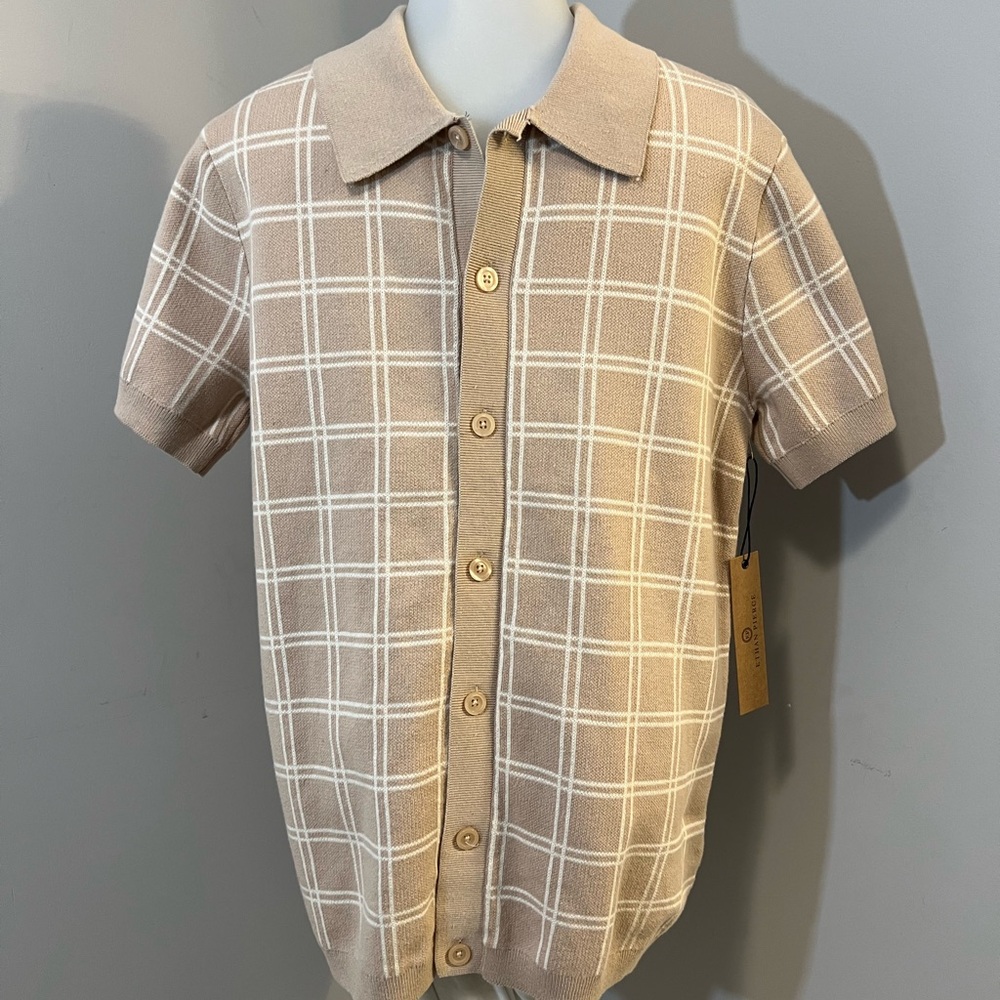 Tan and White Casual Button Down Shirt with Plaid Pattern